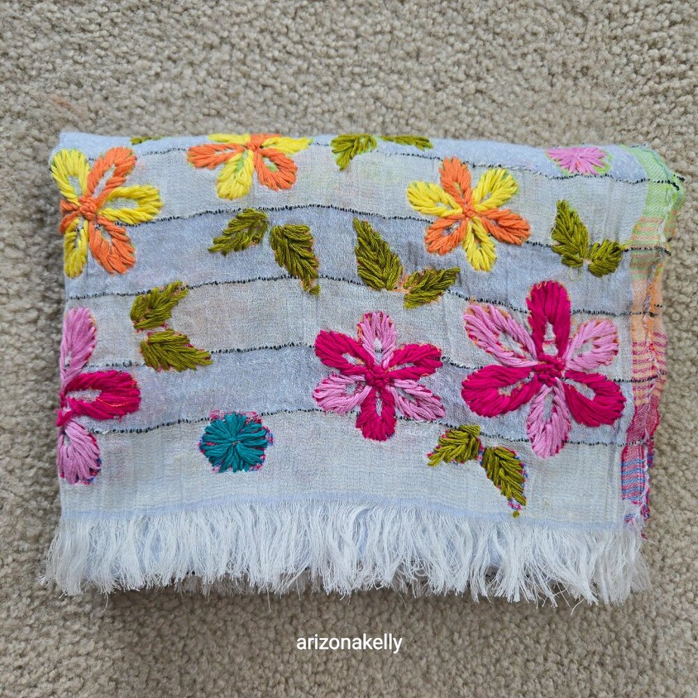 Crinkle Cotton Scarf With Colorful Yarn Flowers Hand-Embroidered Boho - Picture 12 of 12